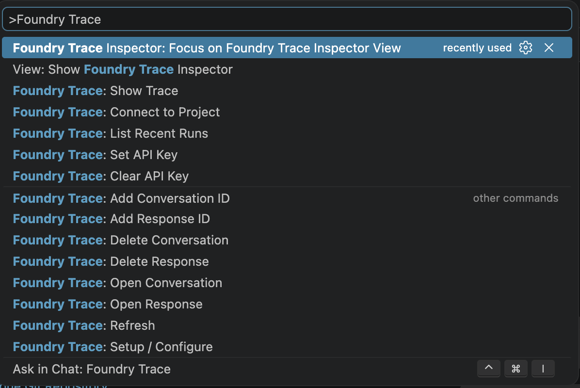 Foundry Trace commands in the Command Palette